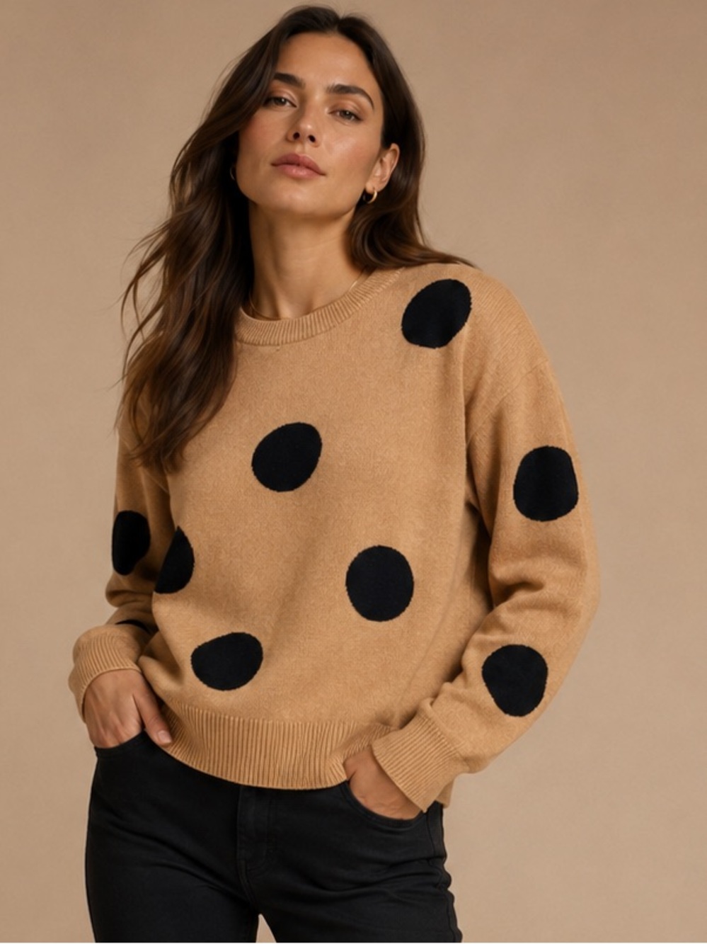 Tahari Tan Black Oversized Polka Dot Sweater Size XL